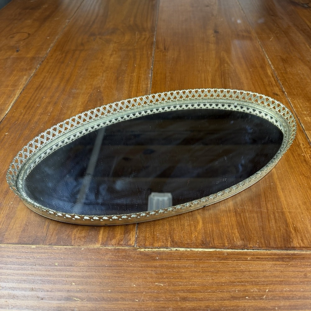 Vintage Hollywood Regency Gold Filigree Oval Mirror Vanity Tray 14"